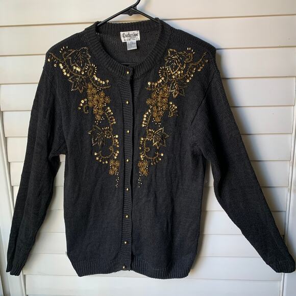 Vintage Gold Beaded and Sequin Black Cardigan Knit Sweater Women's Medium - Picture 1 of 11